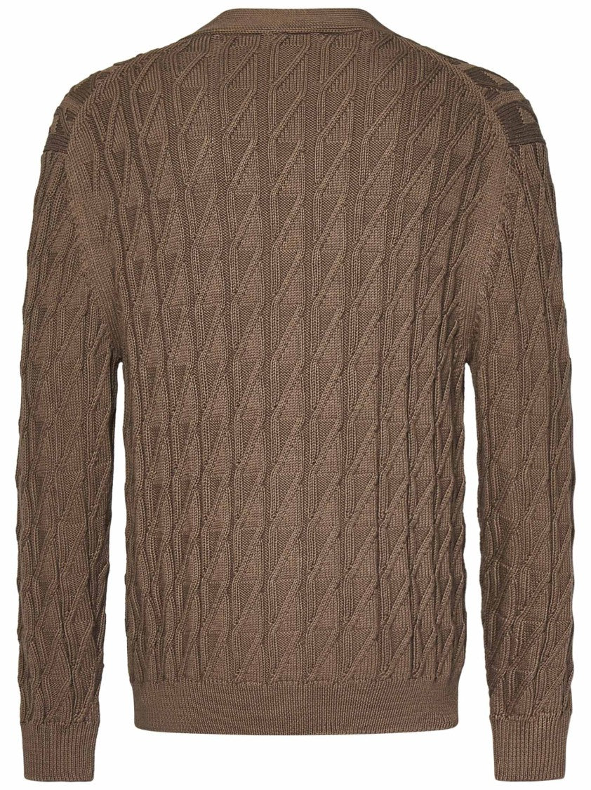 Cruciani Jacquard Pattern Brown Cotton Knit Cardigan