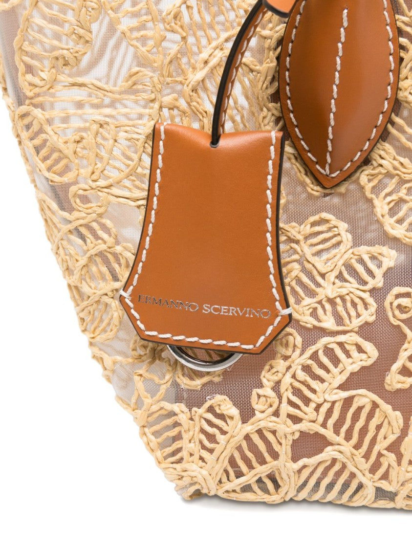 Ermanno Scervino Beige Shopper Tote With Lace Floral Embroidery And Leather Accents