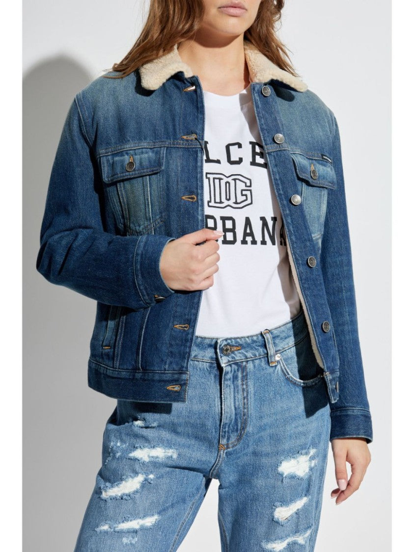 Dolce & Gabbana Faded Blue Denim Jacket With Faux Shearling Collar
