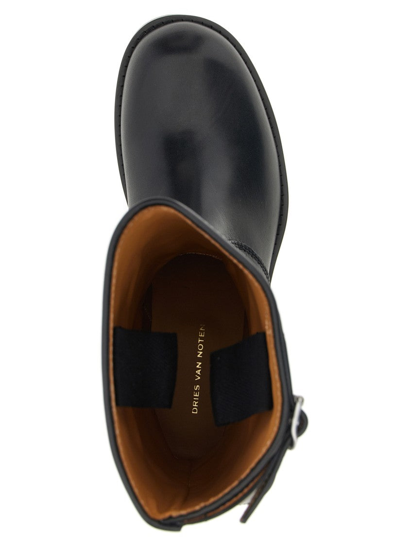 Dries Van Noten Calfskin Leather Biker Boots With Adjustable Strap
