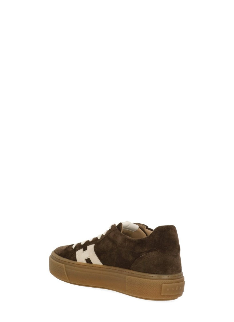 Hogan Low-Top Brown Suede Leather Sneakers With Ivory Logo
