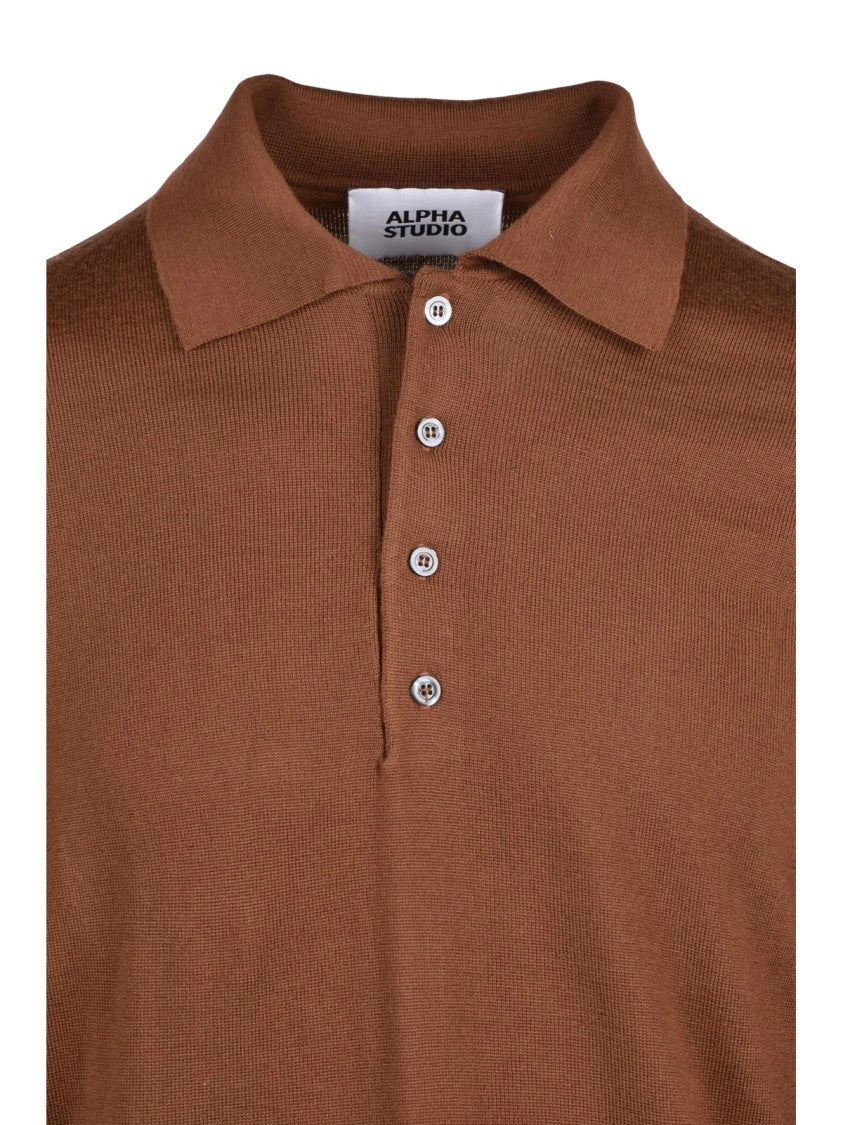Alpha Studio Brown Extrafine Merino Wool Long-Sleeve Polo Shirt