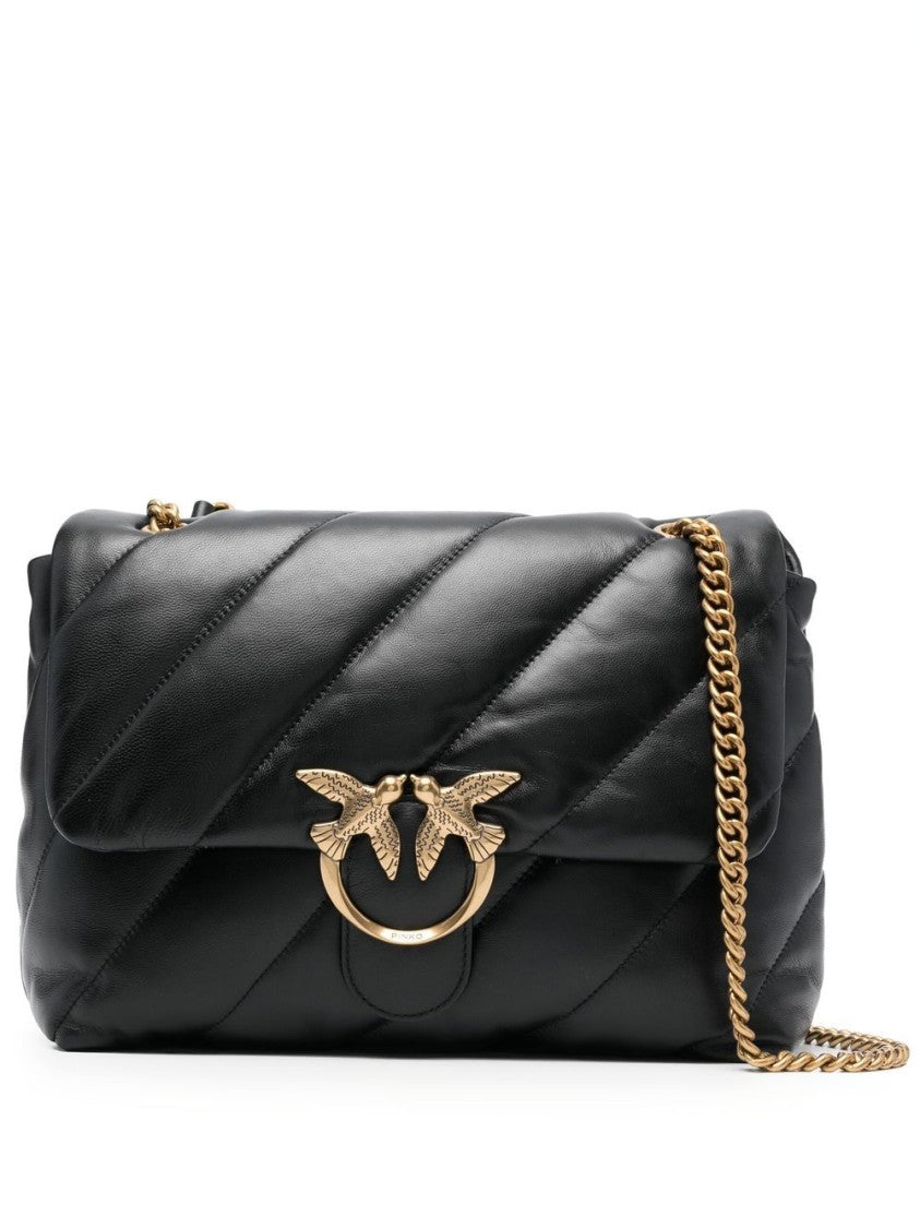 Pinko Quilted Black Calf Leather Shoulder Bag With Signature Love Birds Buckle