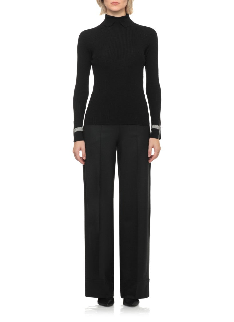 D. Exterior Black High Neck Ribbed Embellished Cuffs Wool Sweater