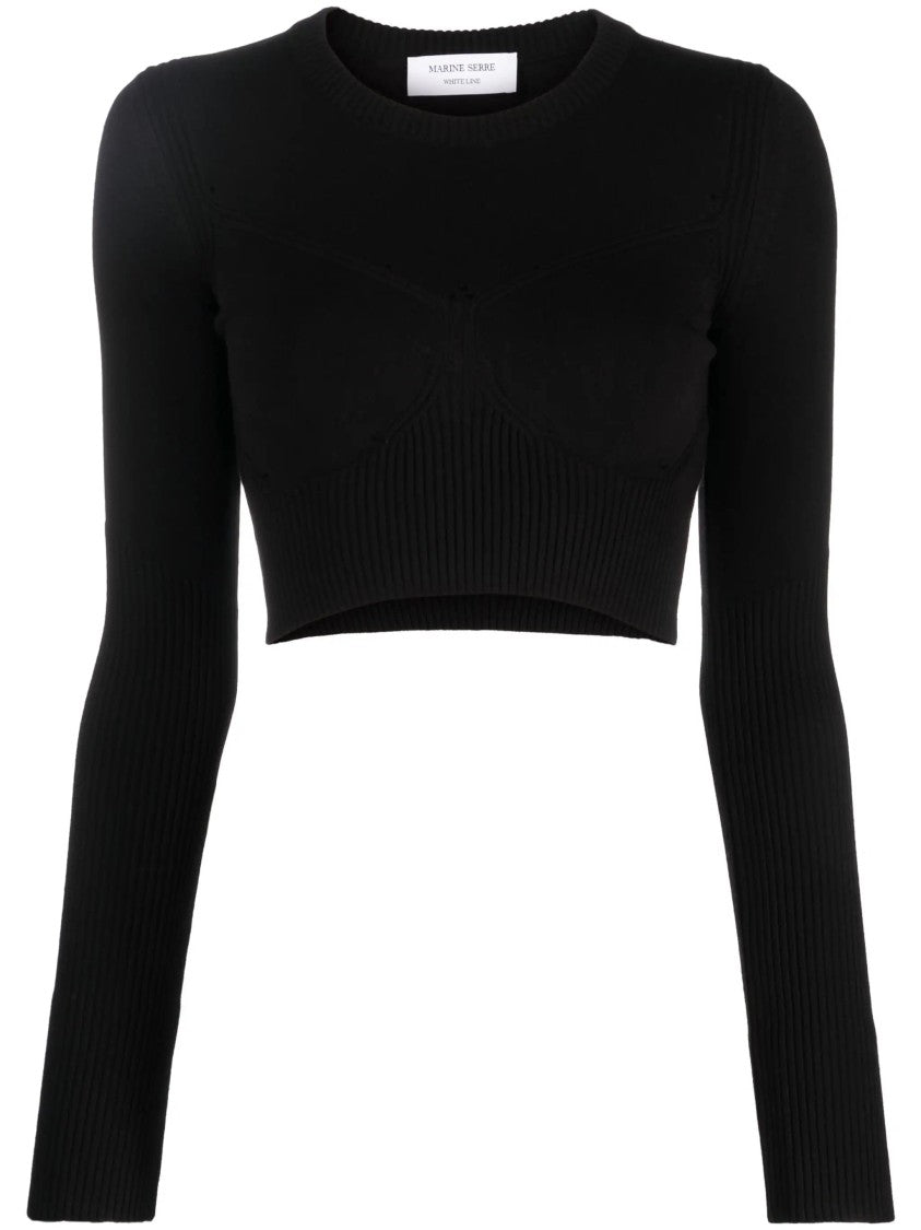 Marine Serre Rib Knit Cropped Top With Long Sleeves