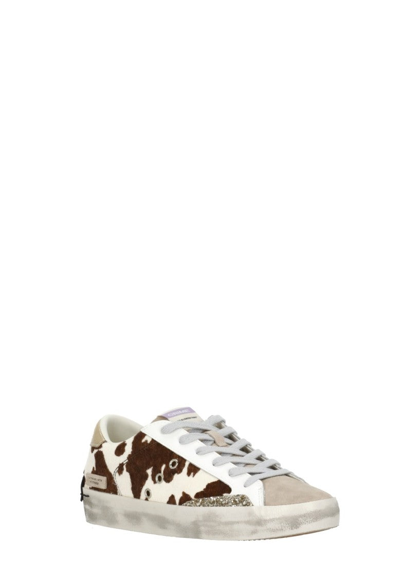 Crime London White Glitter Side Animal Print Leather Sneakers