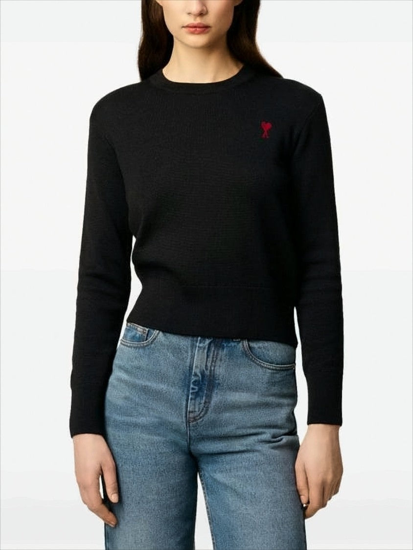Ami Black Wool Sweater With Crew Neck