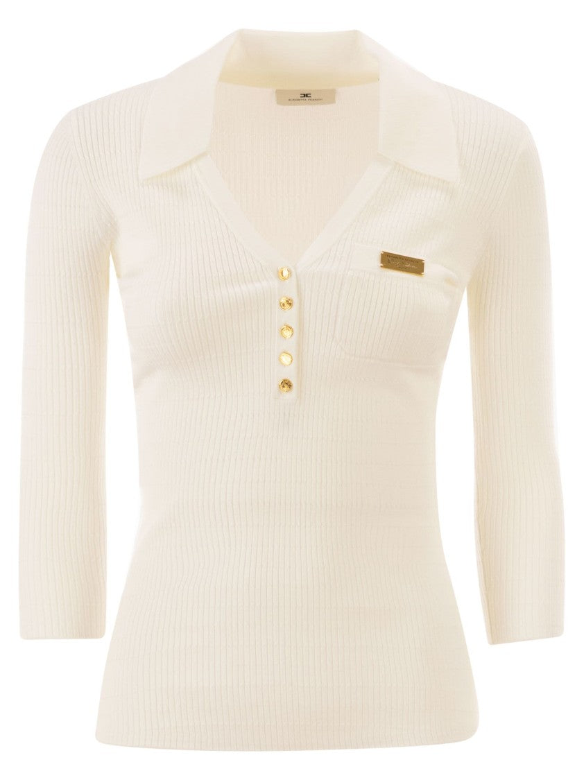 Elisabetta Franchi Micro-Braided Ribbed Knit Polo Shirt With Gold Accents