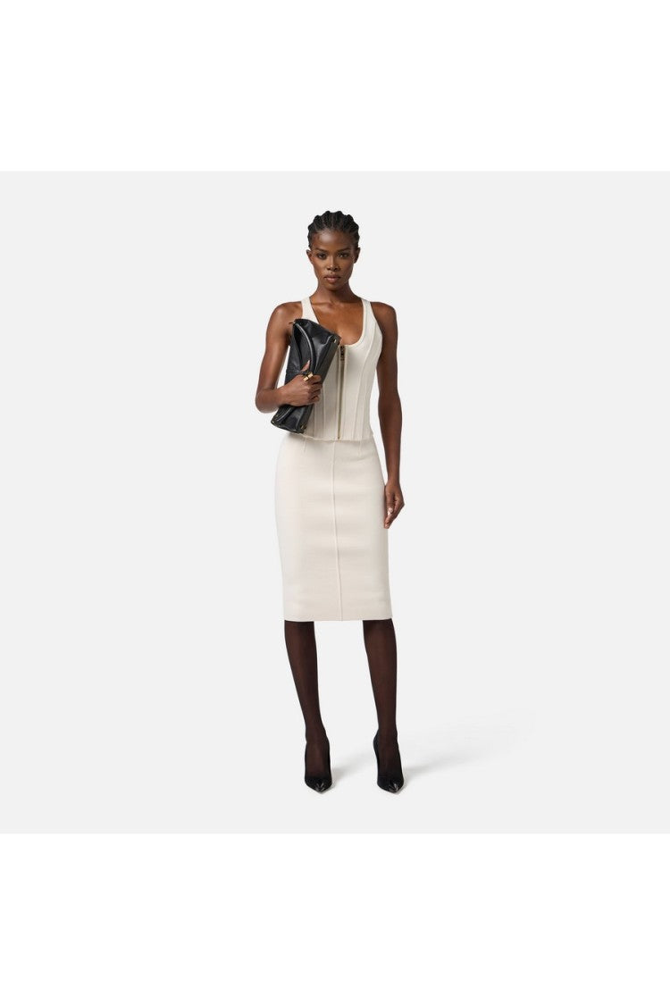 Elisabetta Franchi Milk Ribbed Wool-Blend Pencil Slit Midi Skirt