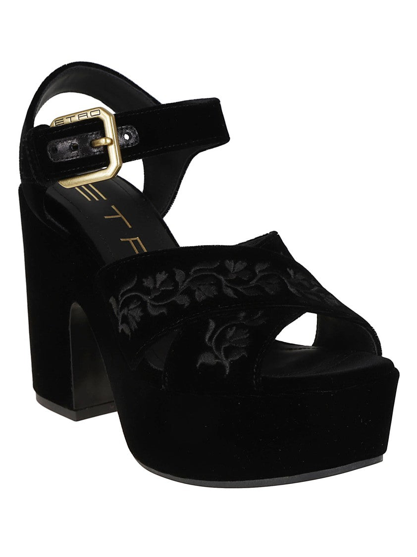 Etro Velvet Platform Sandals With Floral Embroidery