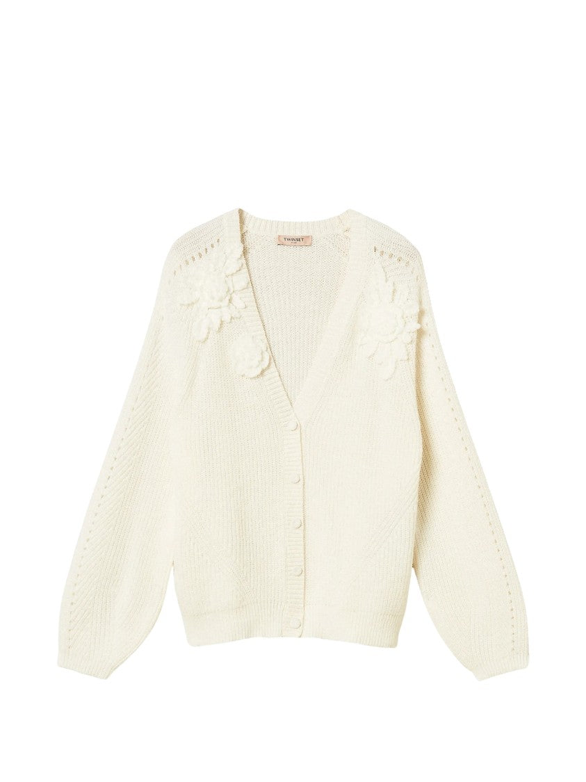 Twin-Set Off-White Crochet Floral Appliqué Acrylic-Blend Cardigan