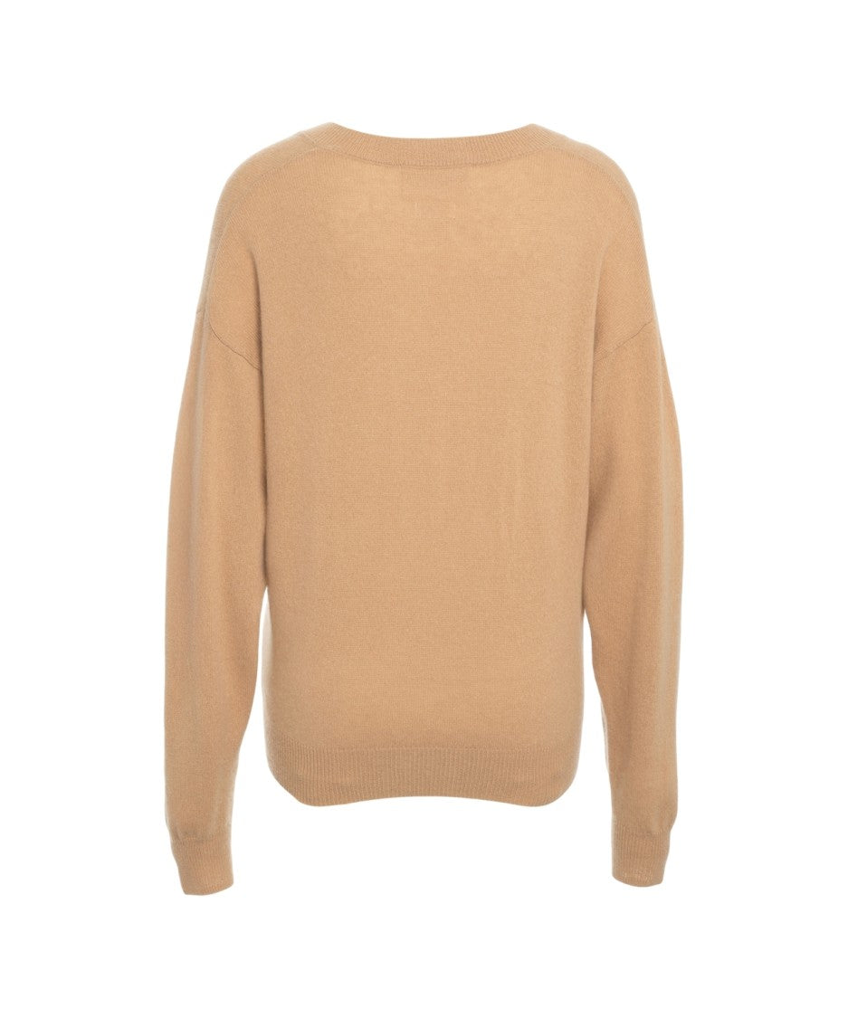 Crush Beige Cashmere Sweater With V-Neck And Ribbed Detailing