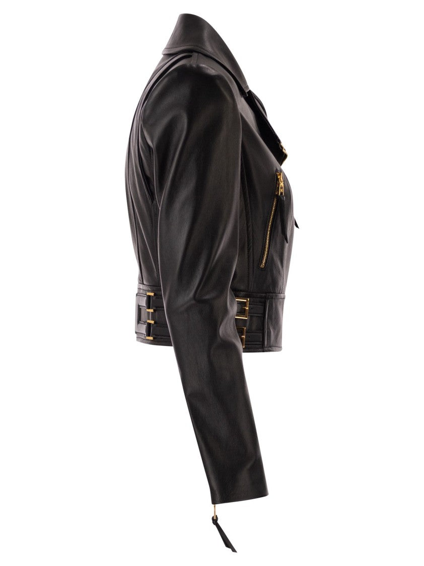 Elisabetta Franchi Classic Leather Biker Jacket With Structured Shoulders