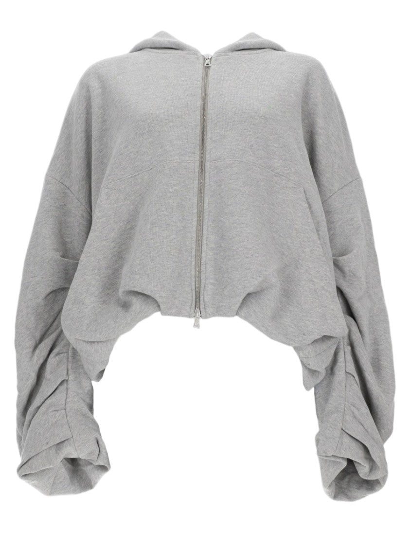 Dries Van Noten Cropped Grey Ruched Sleeves Cotton Sweatshirt
