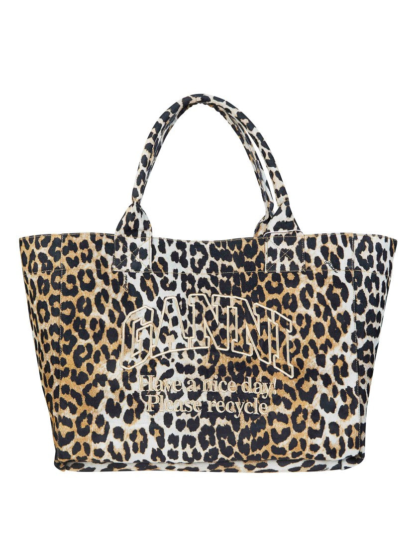 Ganni Denim Leopard Print External Pocket Tote Bag