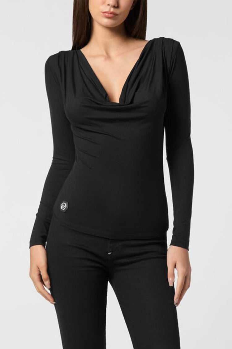Philipp Plein Black Modal Cowl-Neck Long-Sleeve Top