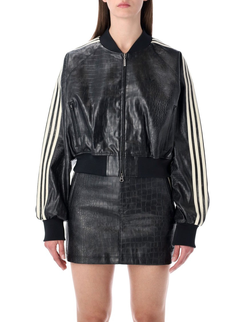 Adidas Originals Black Faux Leather Cropped Bomber Jacket