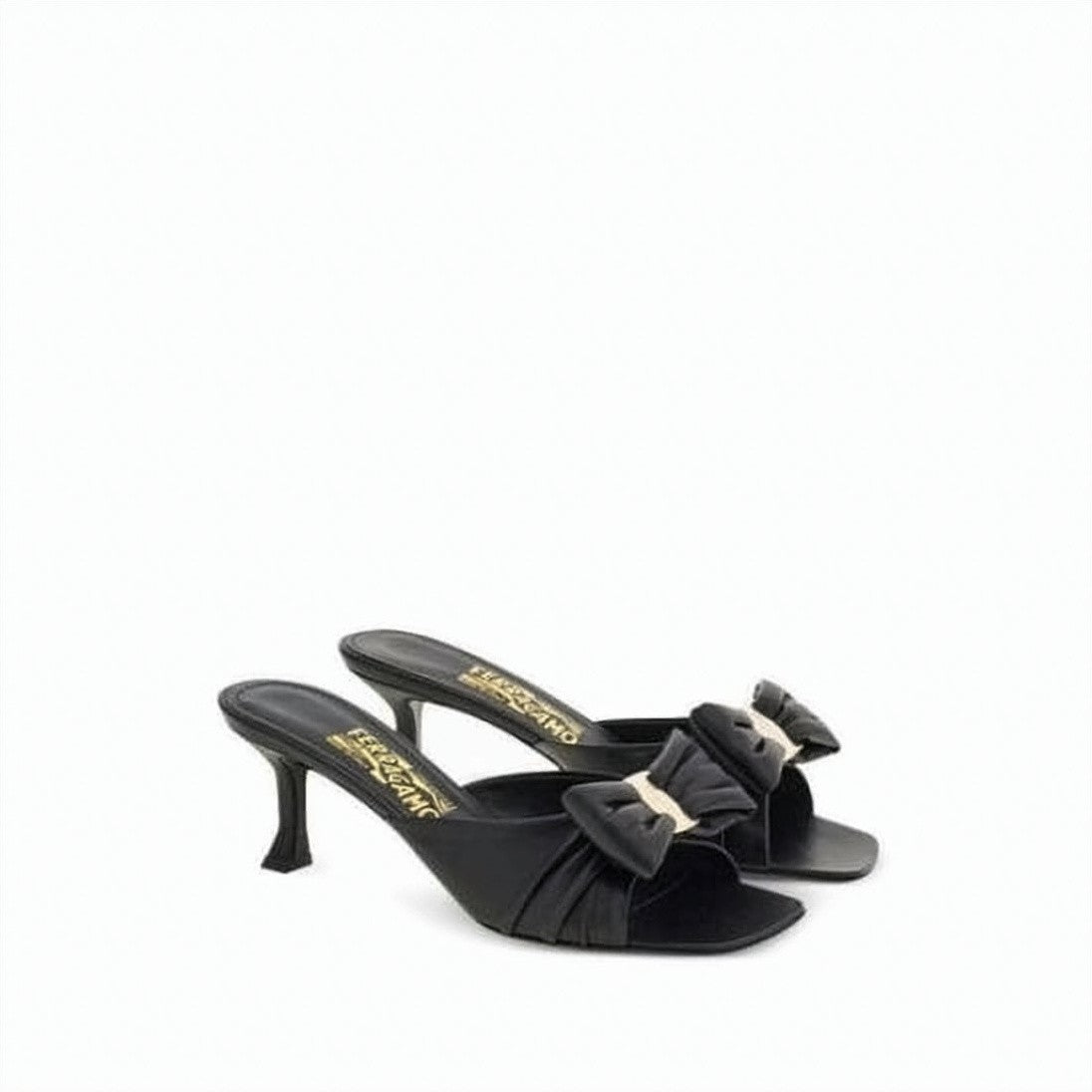 Salvatore Ferragamo Curved Heel Black Lambskin Mule Slippers
