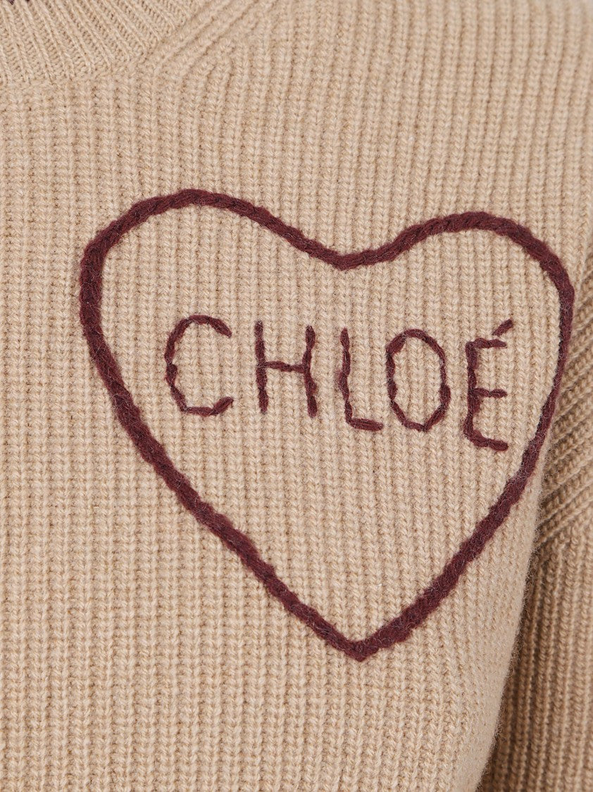 Chloé Wool Cashmere-Blend Heart Logo Sweater