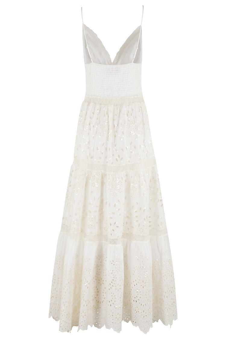 Ermanno Firenze Sleeveless Cotton Maxi Dress With Ecru San Gallo Embroidery