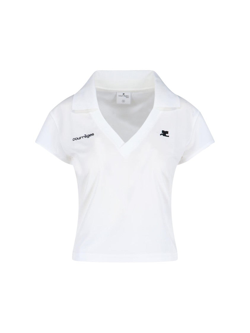 Courrèges Logo V-Neck Polo Shirt – White