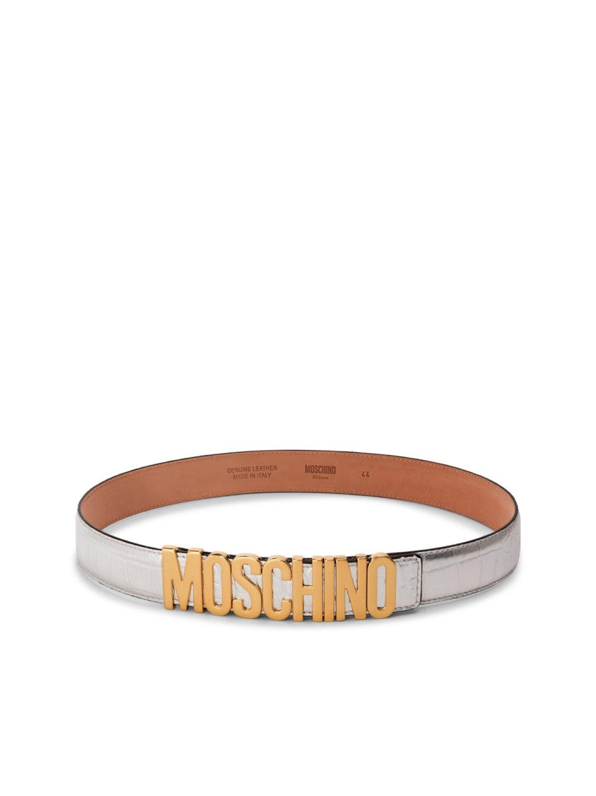 Moschino Silver Logo Lettering Buckle Leather Belt