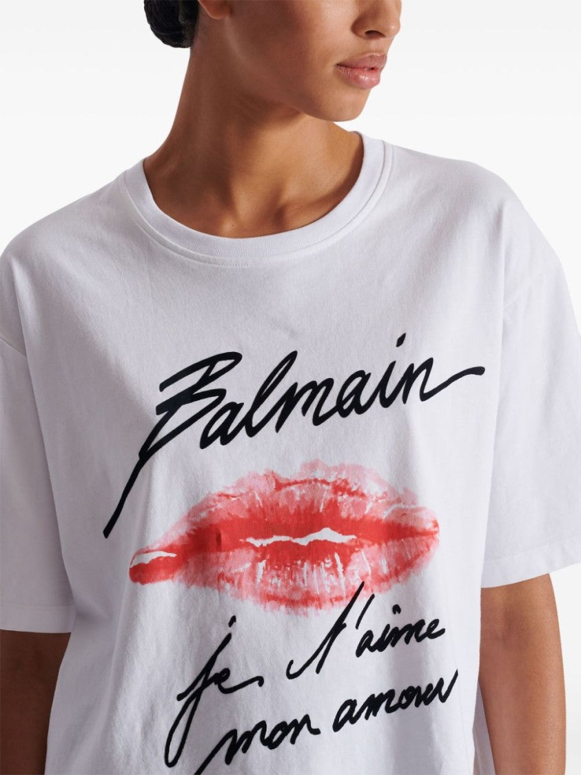 Balmain Kiss Print Oversized White T-Shirt With Script Logo