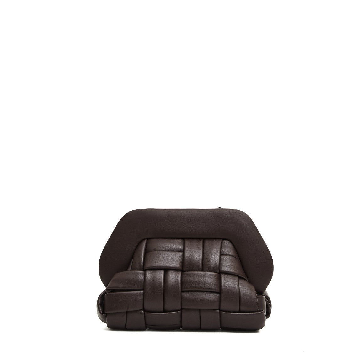 Themoirè Small Brown Woven Leather Clutch With Geometric Silhouette