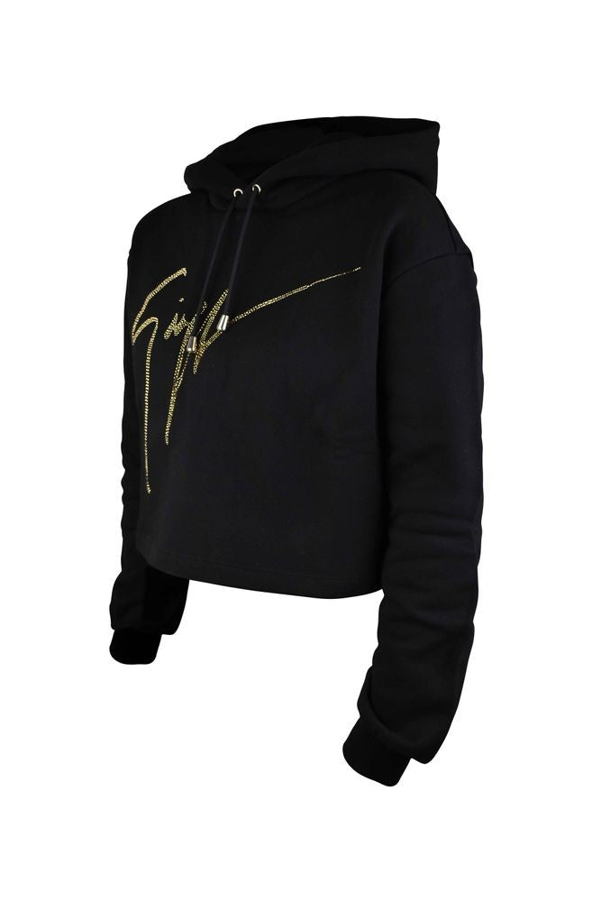 Giuseppe Zanotti Cropped Black Hoodie With Gold Rhinestone Embroidery