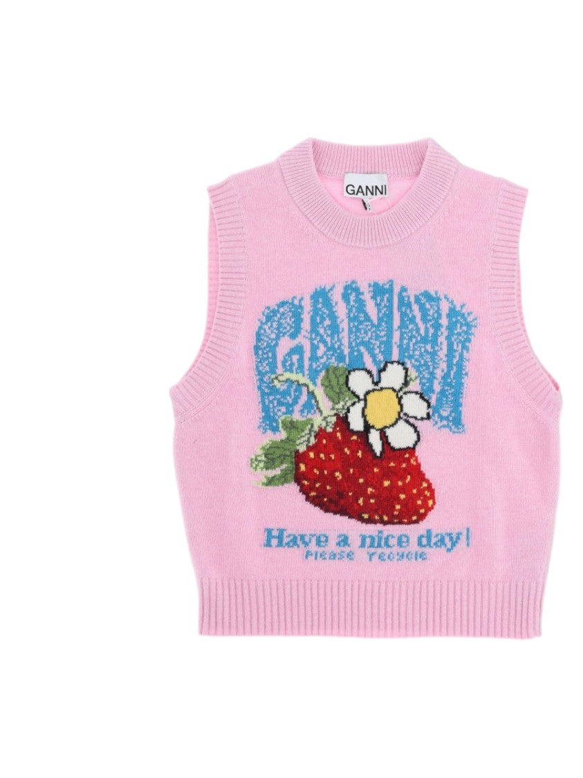 Ganni Sleeveless Strawberry Graphic Wool-Blend Vest
