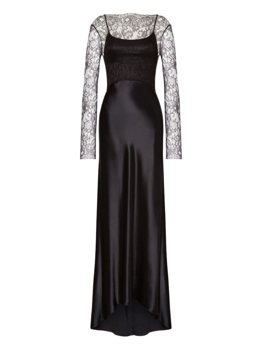 Alberta Ferretti Black Satin And Floral Lace Maxi Dress