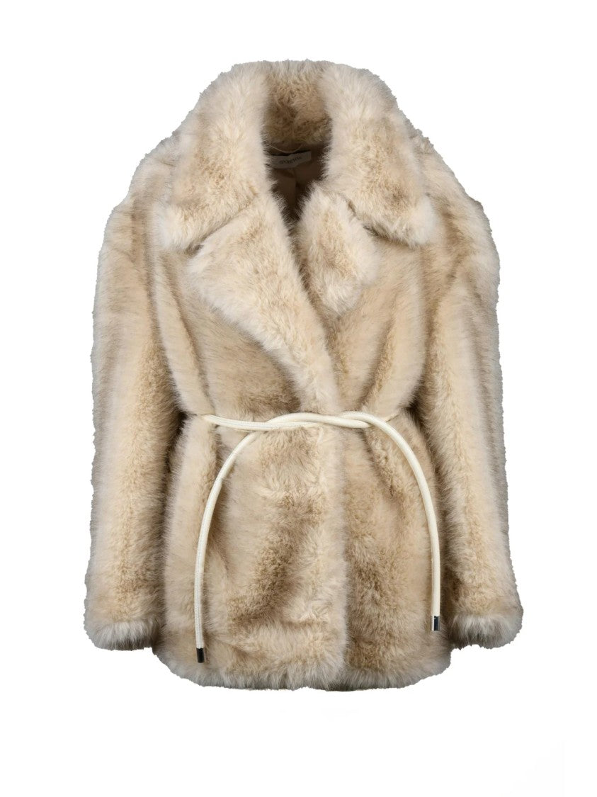 Sportmax Beige Polyester Belted Faux Fur Coat