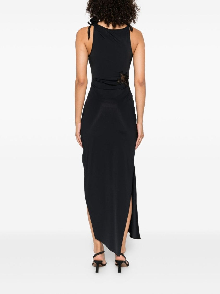 Coperni Asymmetric Black Midi Dress With Lace Inserts