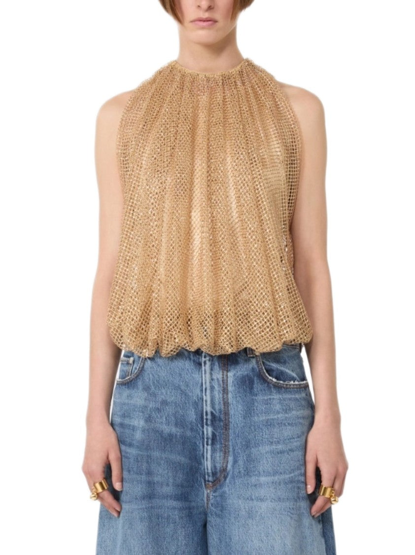 Max Mara Airy Camel Mesh Top With Gathered Neckline
