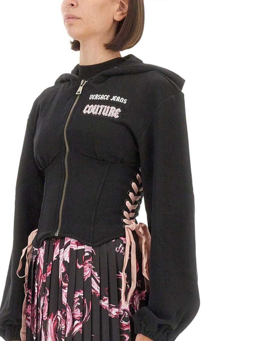 Versace Jeans Couture Zip-Up Black Sweatshirt With Laced Side Design