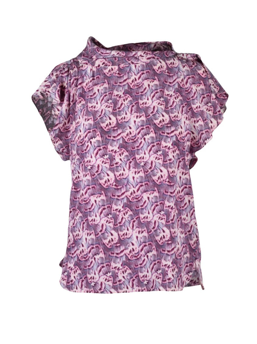 Isabel Marant Delicate Abstract Pattern Silk Stretch Top With Flutter Sleeves