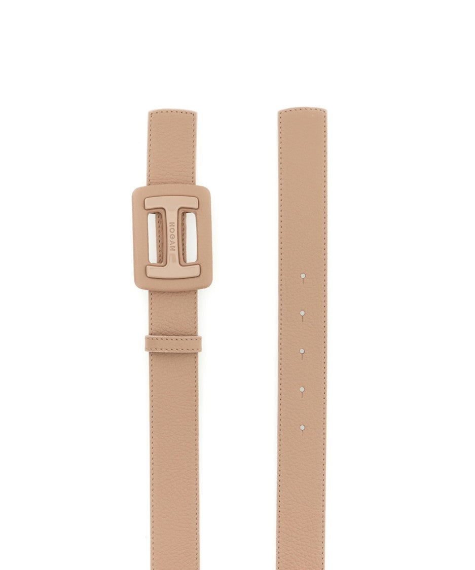 Hogan Matte Beige Belt With Rectangular Buckle