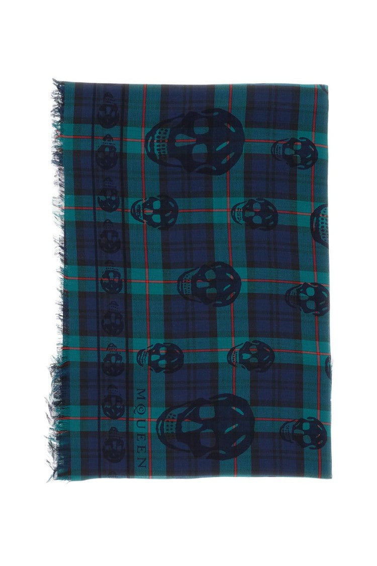 Alexander Mcqueen Tartan Scarf With Printed Skulls And Fringed Edges