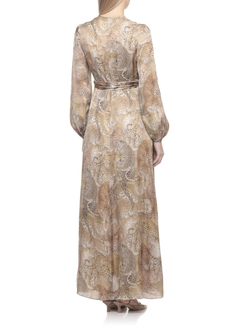 Zimmermann Animal Print Midi Dress With Puffed Sleeves And Matching Belt
