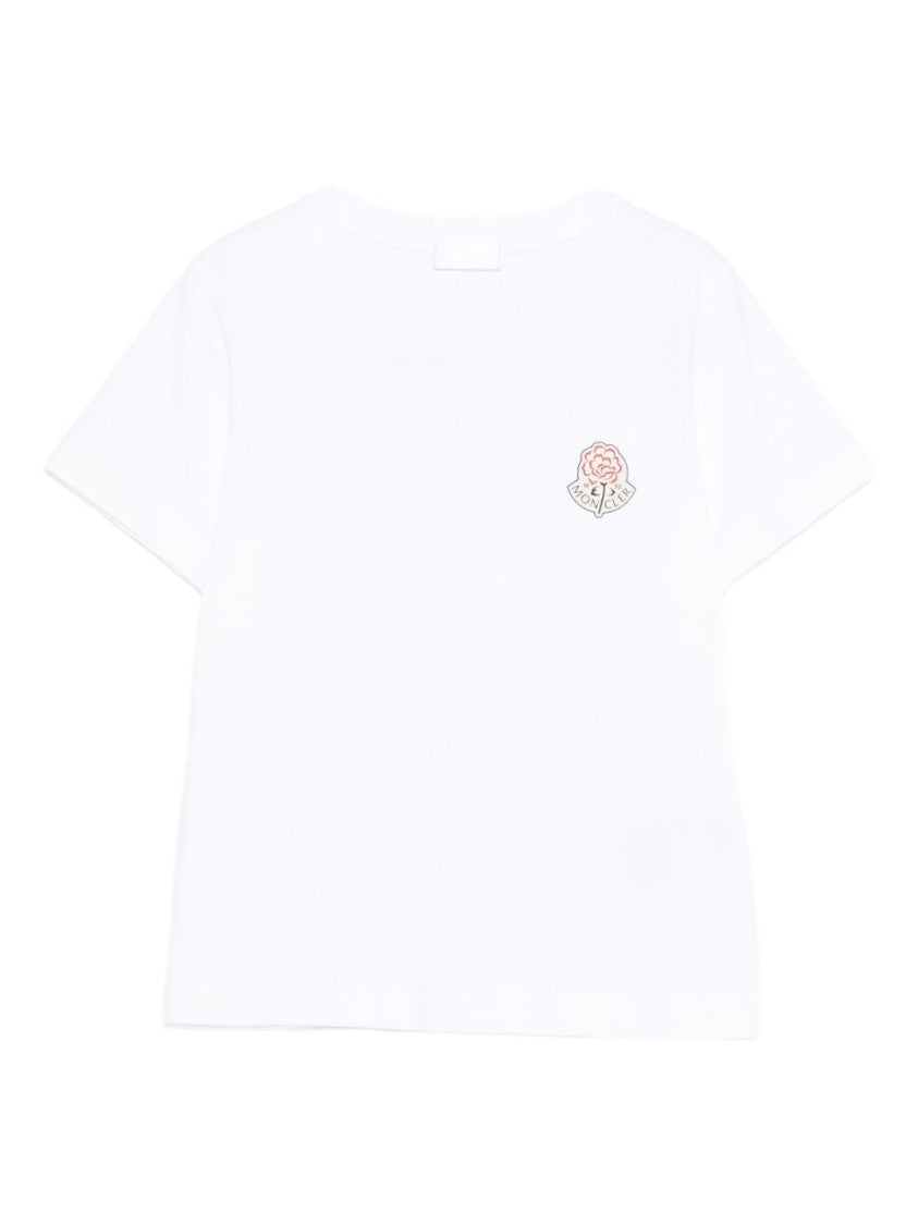 Moncler White Cotton T-Shirt With Embroidered Floral Logo