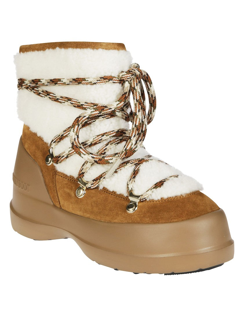 Moon Boot Ankle-High Shearling And Suede Boots With Bicolor Laces