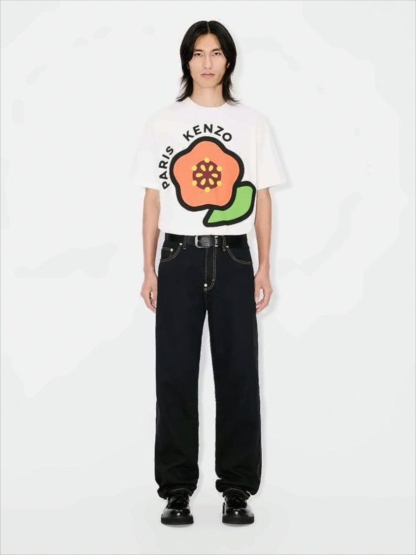 Kenzo Short-Sleeved White Cotton T-Shirt With Bold Floral Graphic