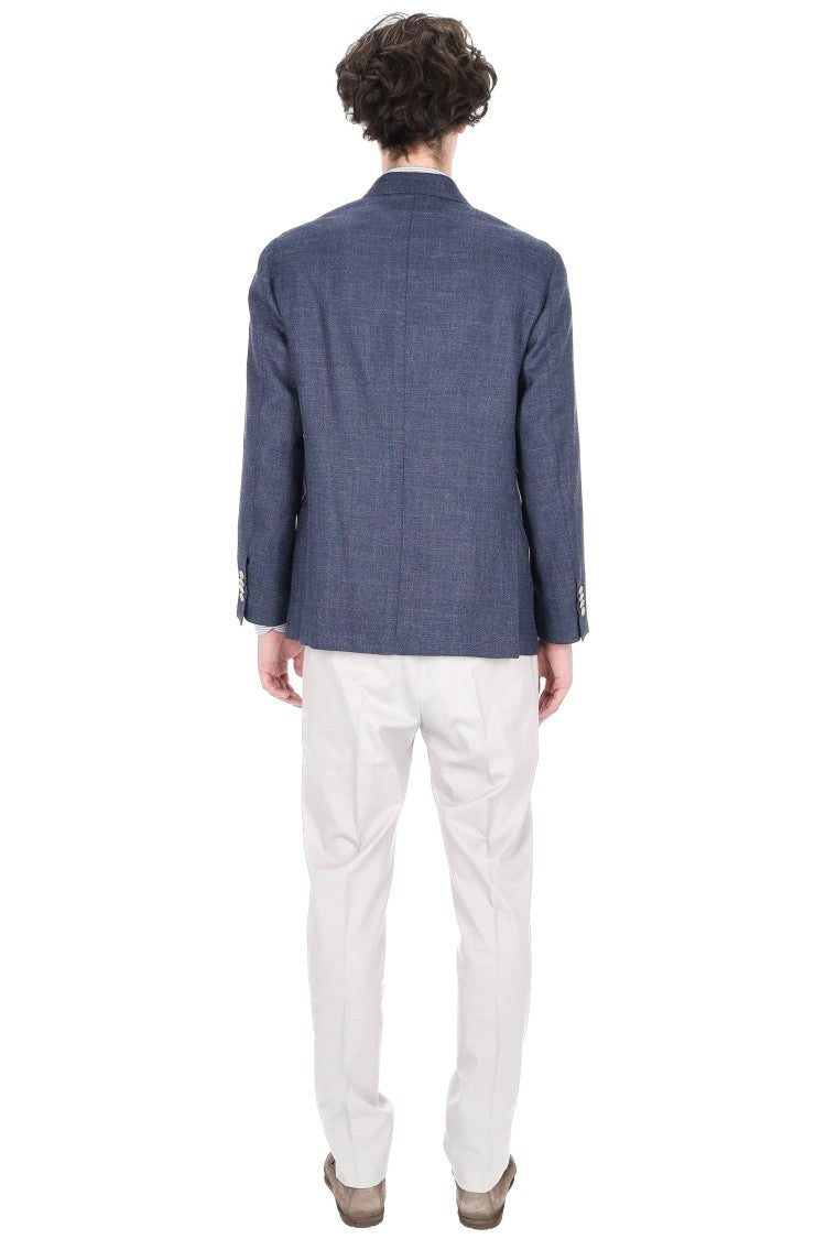 Barba Double-Breasted Textured Weave Jacket In Wool-Silk-Linen Blend