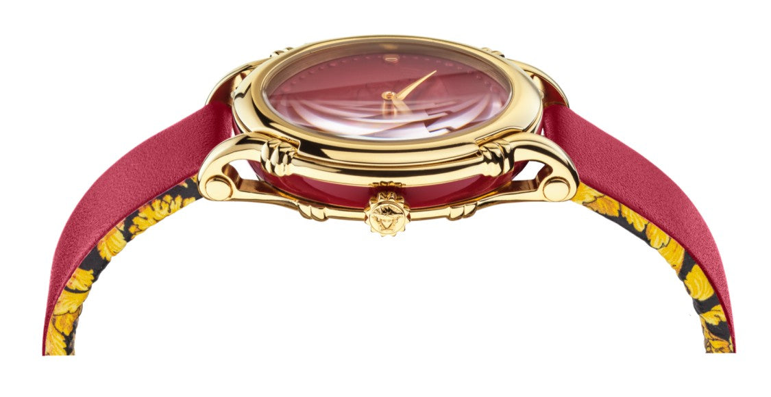 Versace Gold-Tone Stainless Steel Quartz Watch With Red Dial And Calf Leather Strap