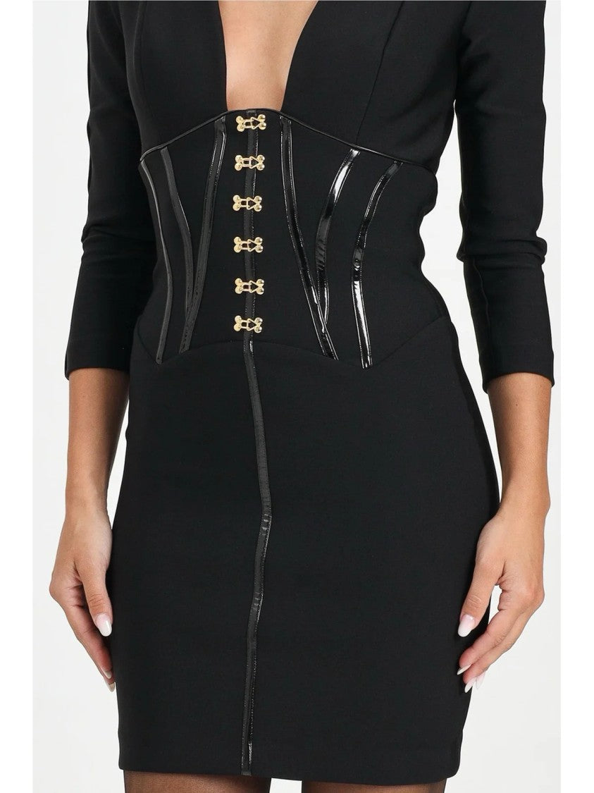 Elisabetta Franchi Form-Fitting Black Mini Dress With Corset Detail And Gold Hardware