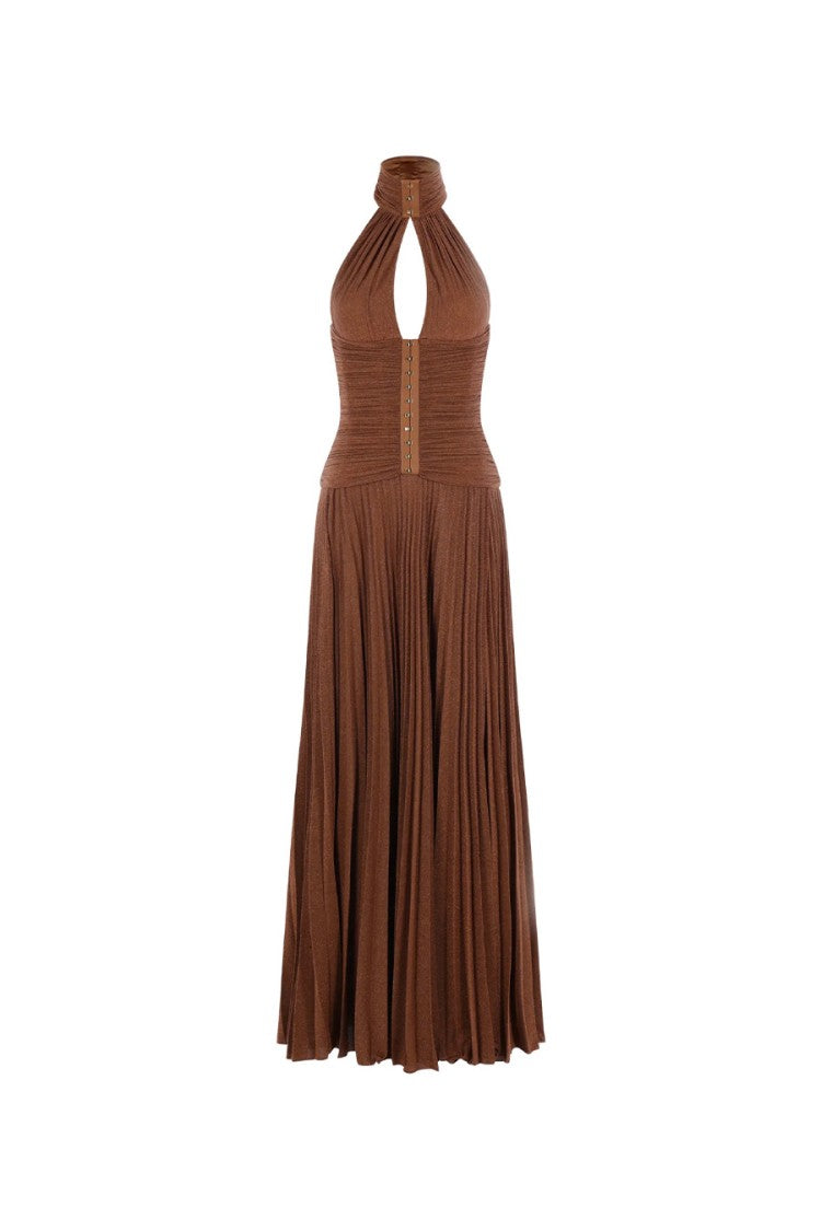 Elisabetta Franchi Brown Halterneck Braided Trim Pleated Viscose-Blend Maxi Dress