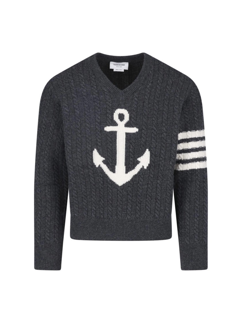 Thom Browne Dark Grey Cable-Knit Anchor Motif Cropped Sweater