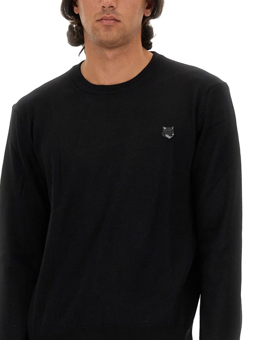 Maison Kitsuné Regular Fit Black Wool Sweater With Patch Detail