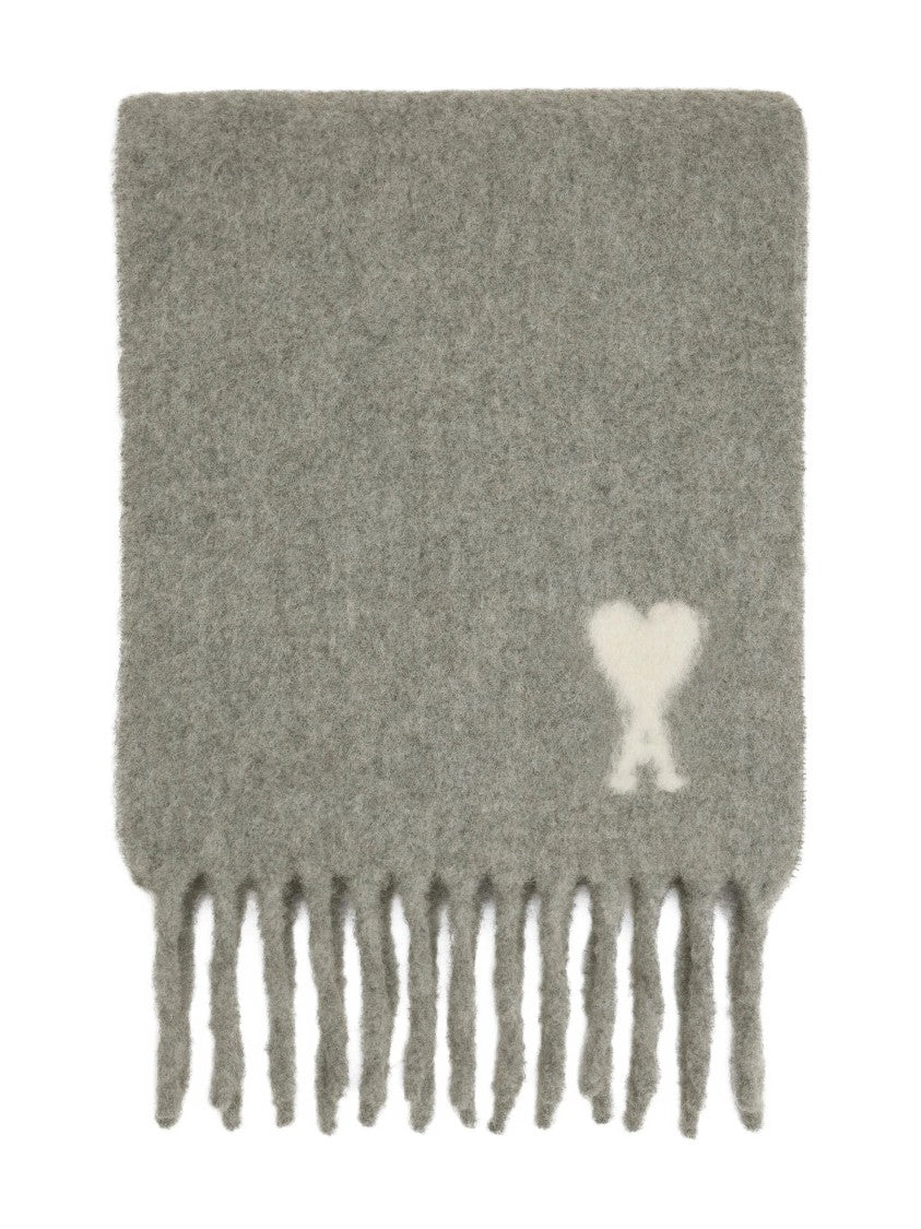 Ami Fringed Grey Scarf With Motif