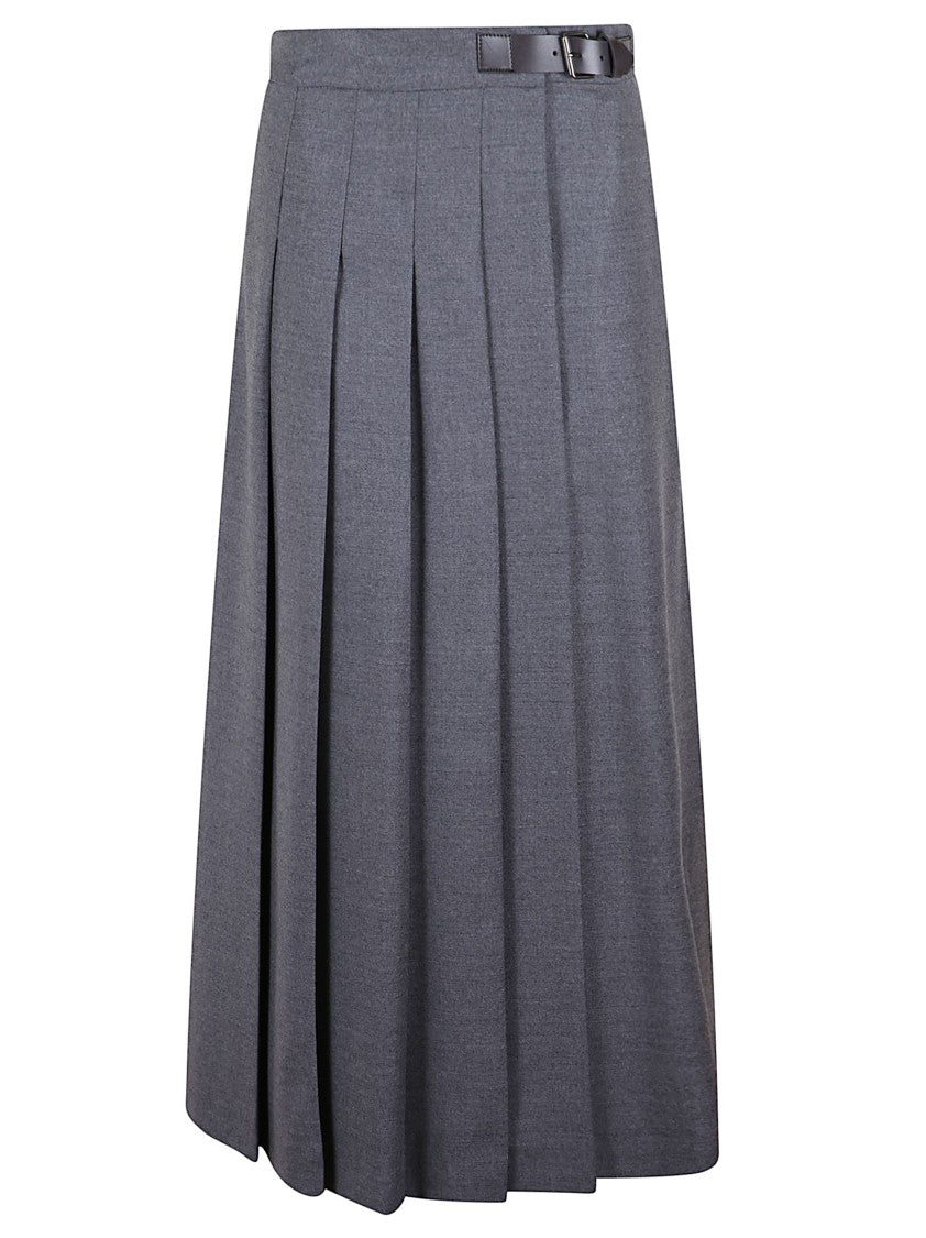 Max Mara Pleated Flannel Wrap Skirt With Leather Waistband